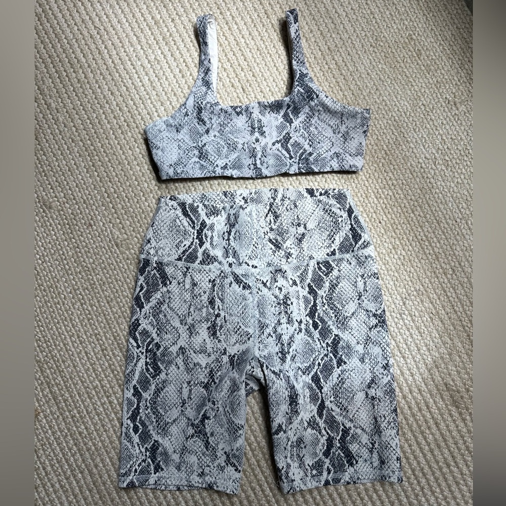 ALO Yoga snake skin print bra and biker shorts set